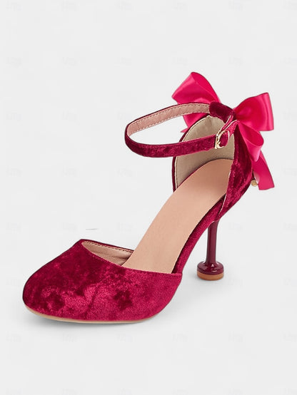 Women's with Burgundy Big Bow Jane Mary and Velvet Heels