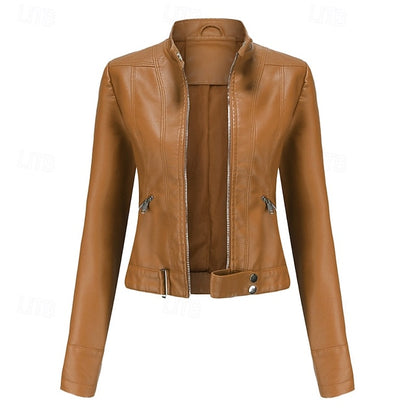 Faux Comfortable Pocket Women's Leather Jacket Zipper
