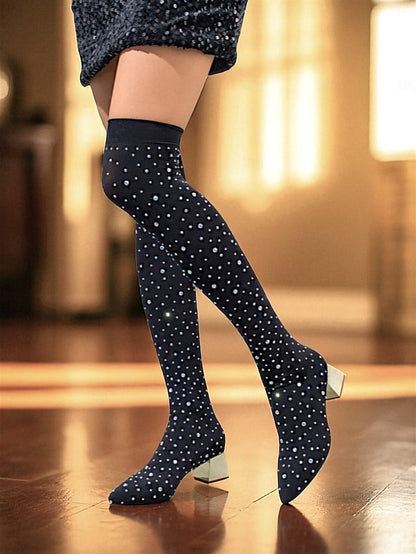 Pointed Black Boots Rhinestone Over-the-Knee with Women's
