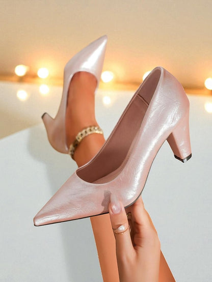 Women's Pumps Heel Block Pointed Nude - Glossy Party Toe