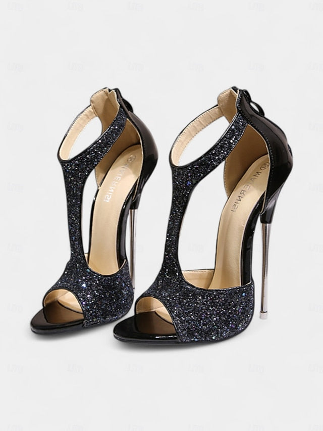 Design T-Strap Open Toe Glitter Gold and for Heels Stiletto with