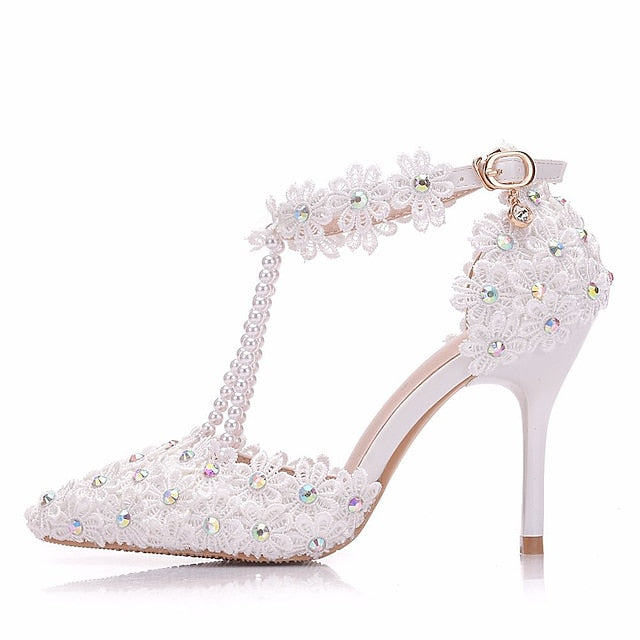 Wedding Shoes Heel Pointed High Women's Lace Bridal