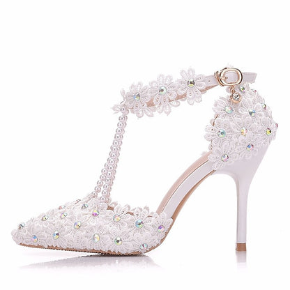Wedding Shoes Heel Pointed High Women's Lace Bridal