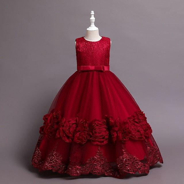 Little Girls' Party Dress A Floral Line Plain Kids