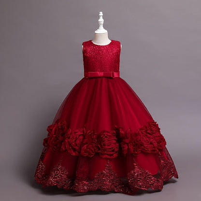 Little Girls' Party Dress A Floral Line Plain Kids