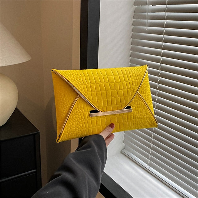 Metal Yellow Envelope Handle Women’s Clutch with Croc-Embossed