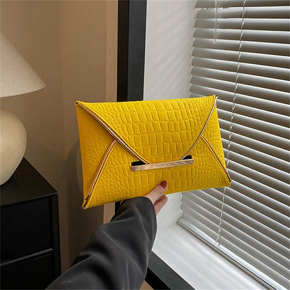 Metal Yellow Envelope Handle Women’s Clutch with Croc-Embossed