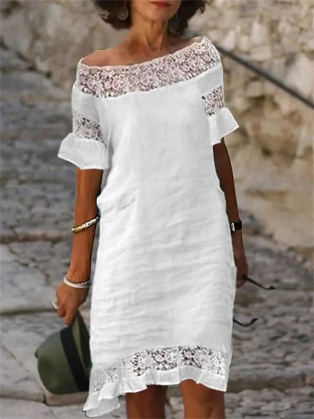 Women's White Summer Spring Midi Dress 100% Cotton Casual