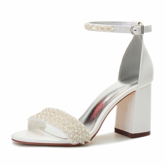 Women's White Block Strap Ankle Embellished Pearl Ivory