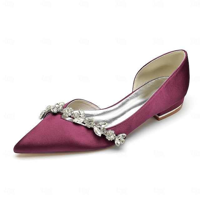 Toe White Shoes with Pointed Wedding Satin Flat and Crystal