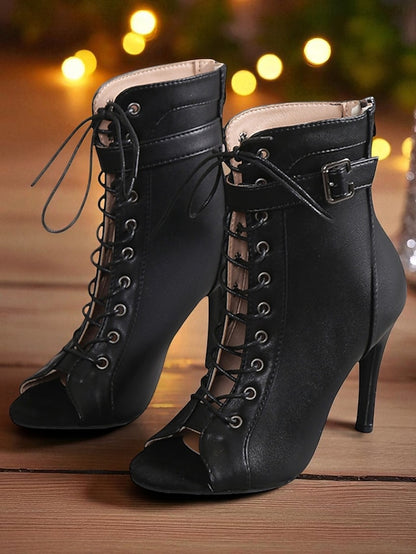 Booties Heel Women's Lace-Up - High Stiletto Peep Black Toe