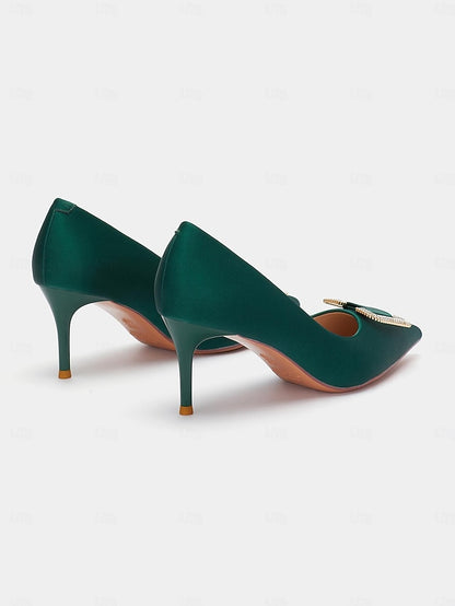 Elegant for Satin Rhinestone Green Pumps Buckle with Women:
