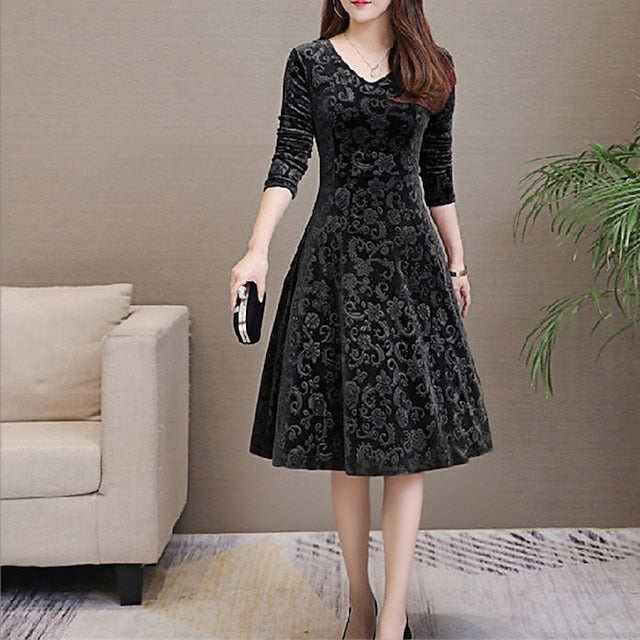 Women's Midi Dress Velvet Dress Party Dress Swing Dress