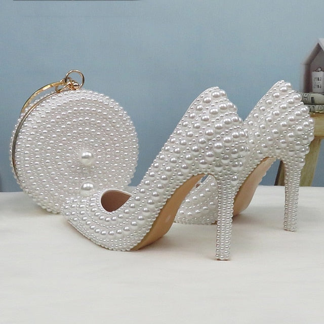Purse White and Stiletto Round Pearl-Embellished Pearl Set Heels