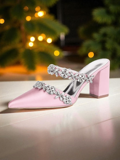 Block Satin Women's Heel Rhinestone Mules with Floral Black