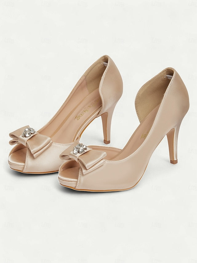 and Toe with Peep Satin Bow Champagne Heels Women's