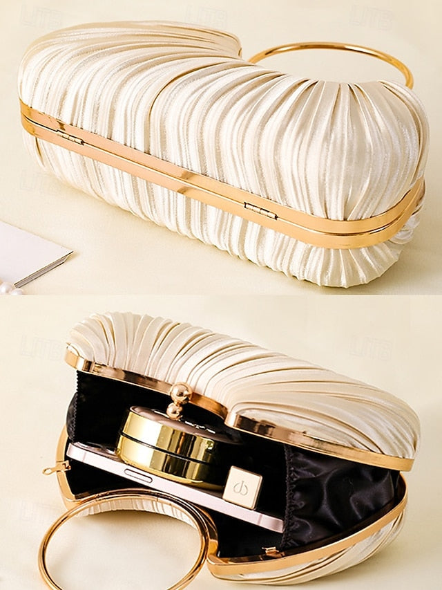 with - Elegant Handle Clutch Ring Green Gold Pleated Velvet