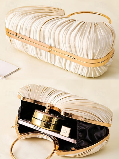 with - Elegant Handle Clutch Ring Green Gold Pleated Velvet