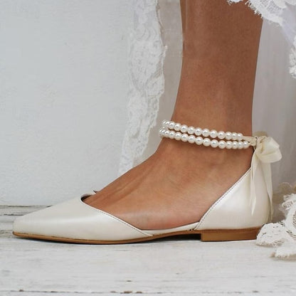 – Elegant Strap Bridal Ankle Flats White Women's Pearl