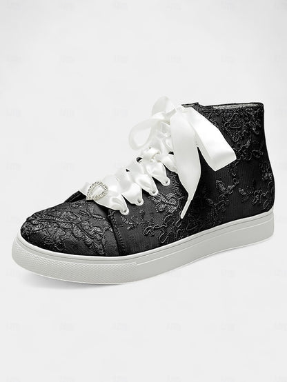 Women's Wedding Sneakers Ribbon Lace Satin with Ivory Laces