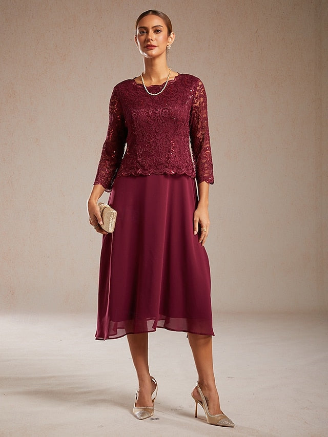 Women's Midi Dress Chiffon Dress Elegant Solid Color 3/4