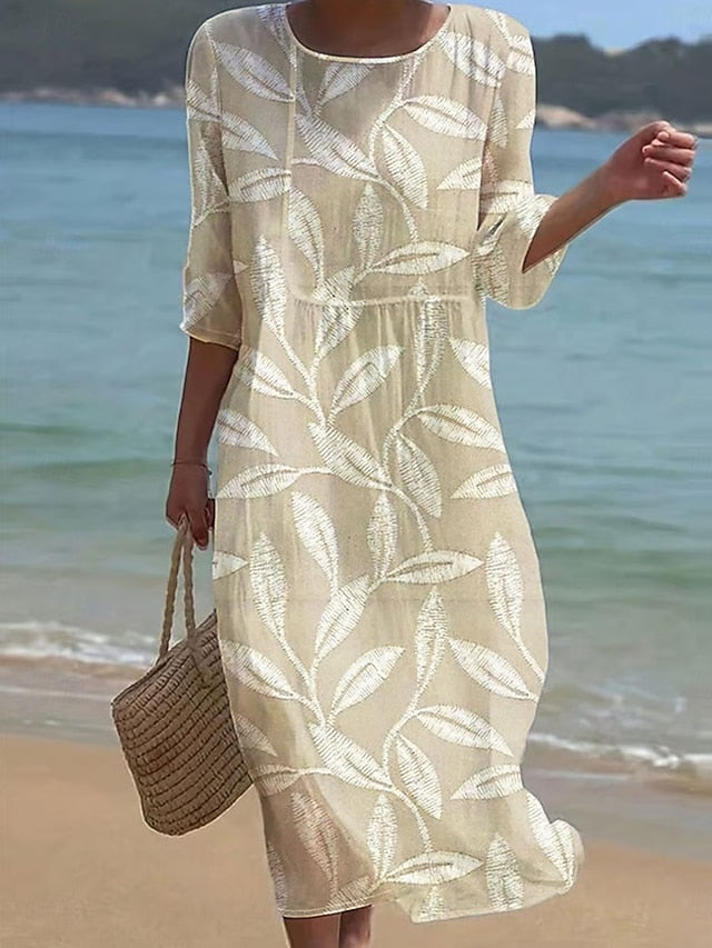 Women's Maxi Dress Kaftan 3/4 Length Sleeve Crew Neck