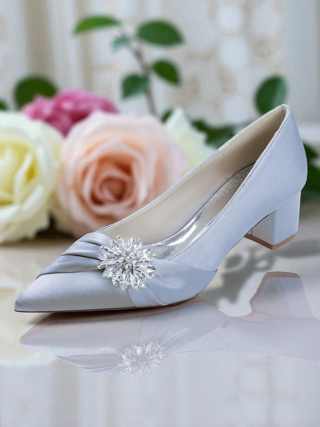 Block White Pumps Women's with Crystal Heel Low