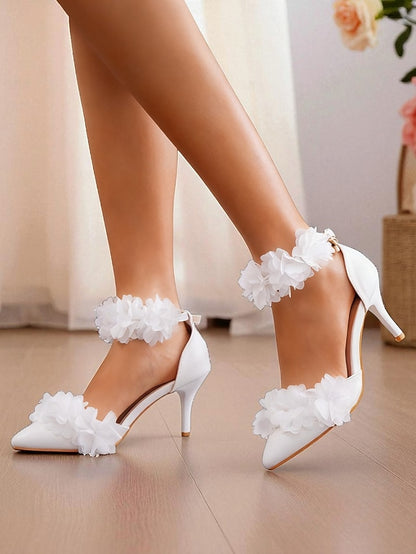 Floral Pointed Women's Strap Elegant Heels - White Ankle