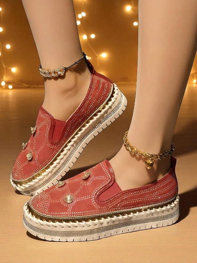 Sneakers with Red Platform Rhinestone Women's Slip-On Studs