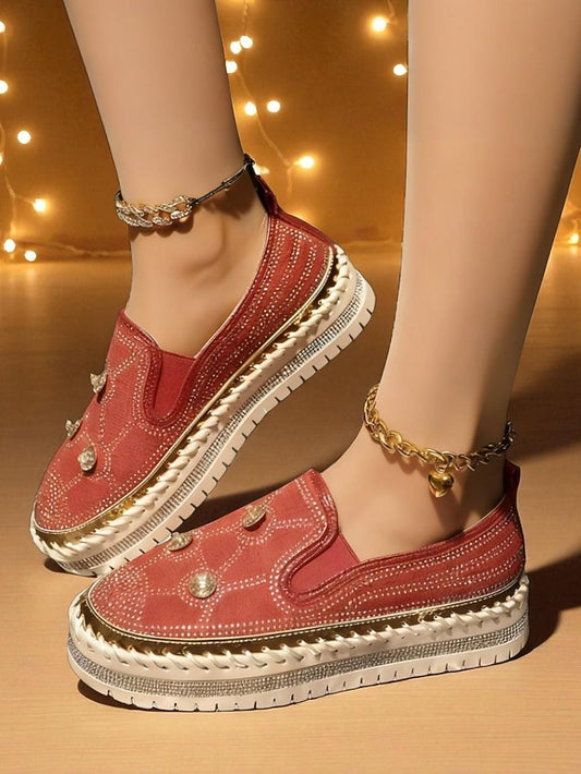 Sneakers with Red Platform Rhinestone Women's Slip-On Studs