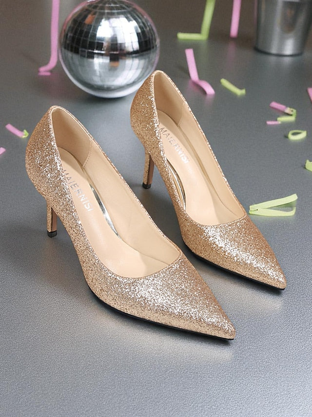 Pumps Gold Pointed-Toe - Stiletto Sparkly Glitter Women's