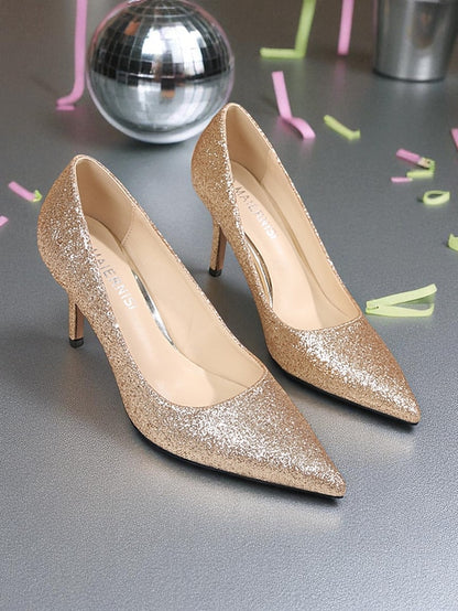 Pumps Gold Pointed-Toe - Stiletto Sparkly Glitter Women's
