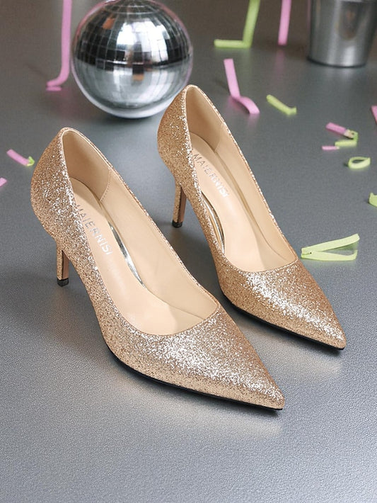 Pumps Gold Pointed-Toe - Stiletto Sparkly Glitter Women's