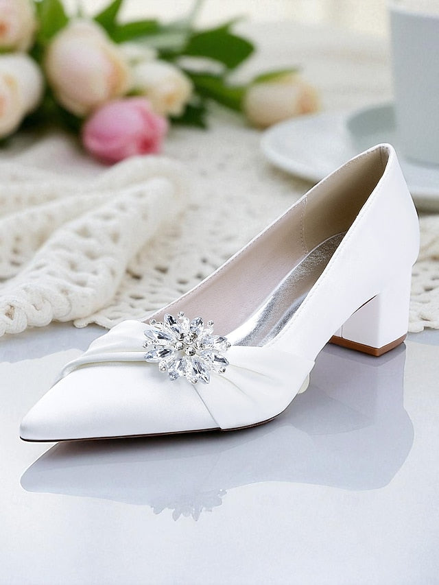 Block Heel Pumps with Crystal Low White Women's