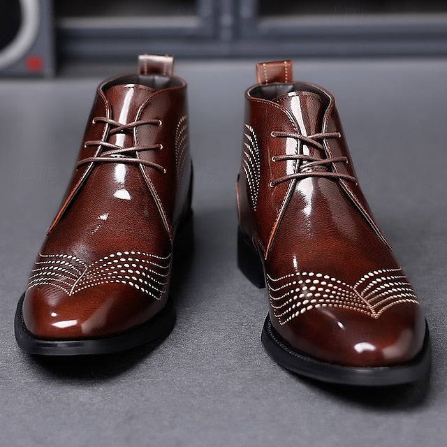 Leather Brogue Burgundy Glossy Faux Ankle Men's Wingtip