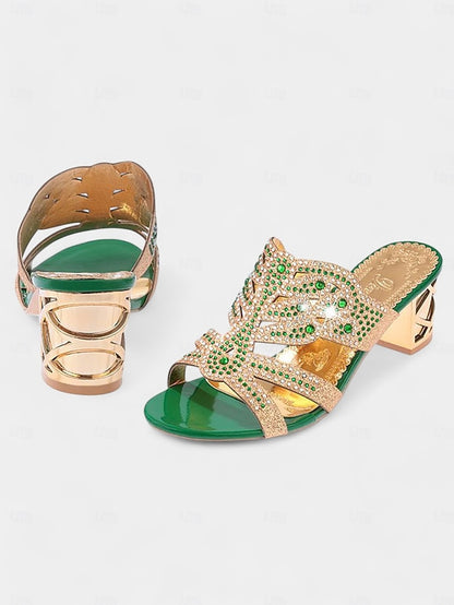 Rhinestone Green Embellished and - Sandals Heeled Gold