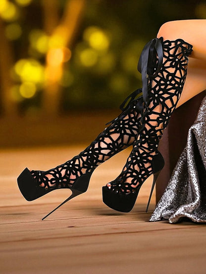 Cutout Stiletto Knee Sexy Platform Peep Women's High Boots
