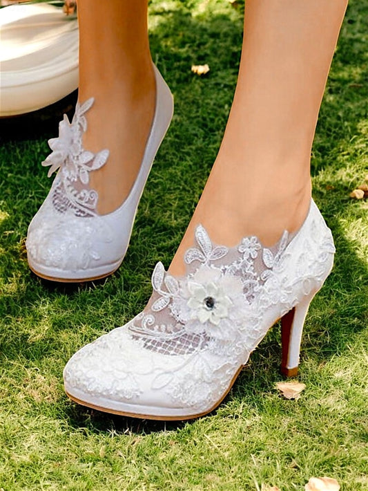 – White Floral Embellishments Lace with High Heel Bridal Shoes