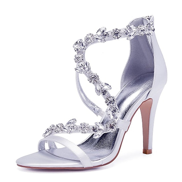 Floral Pink Sandals with High Heel Rhinestone Women's Satin