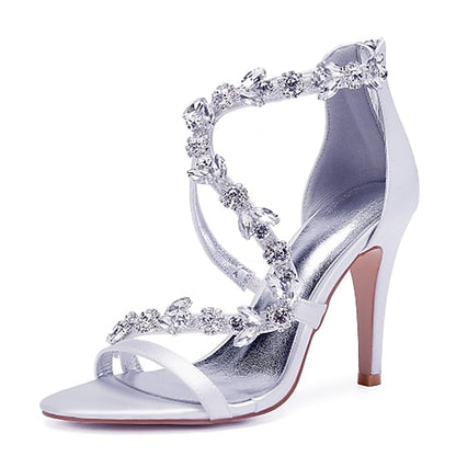 Floral Pink Sandals with High Heel Rhinestone Women's Satin