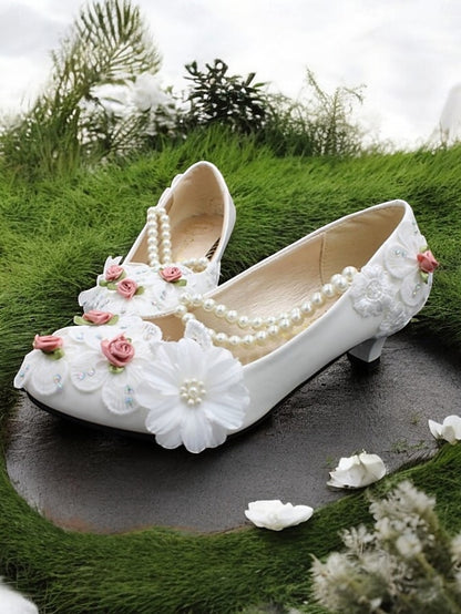 Low Pearl Floral Shoes Bridal White for Embellished Heel Strap