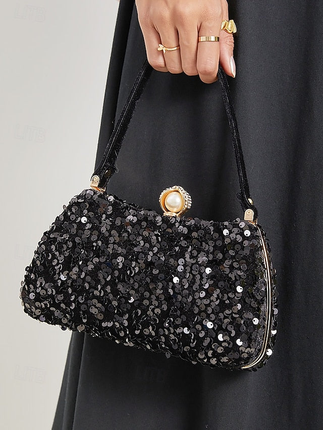 Black with Accent Sequin Clutch Pearl Evening Women's –