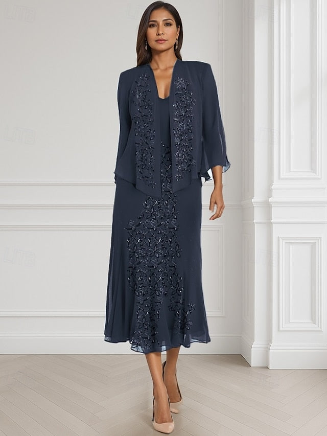 Dress Mother Two Piece the Neck Square A-Line of Bride Elegant