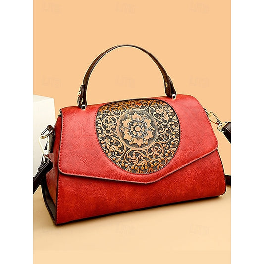 Floral – Faux Vintage Gravur Handtasche Leder Damen