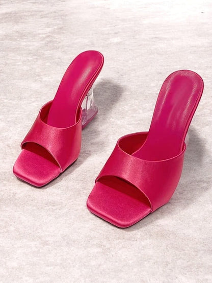 Mules Green with Transparent Satin Block Heels Open-Toe for