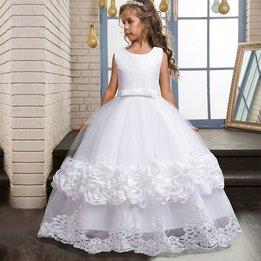 Little Girls' Party Dress A Floral Line Plain Kids