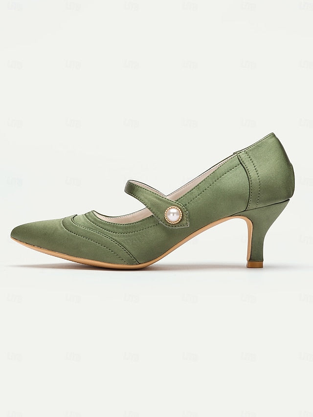 Elegant Green Heels - Button Satin Jane Pearl Mary with