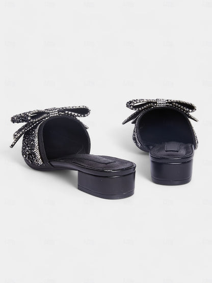 Flat Black Parties – Perfect and Rhinestone-Bow Mules for