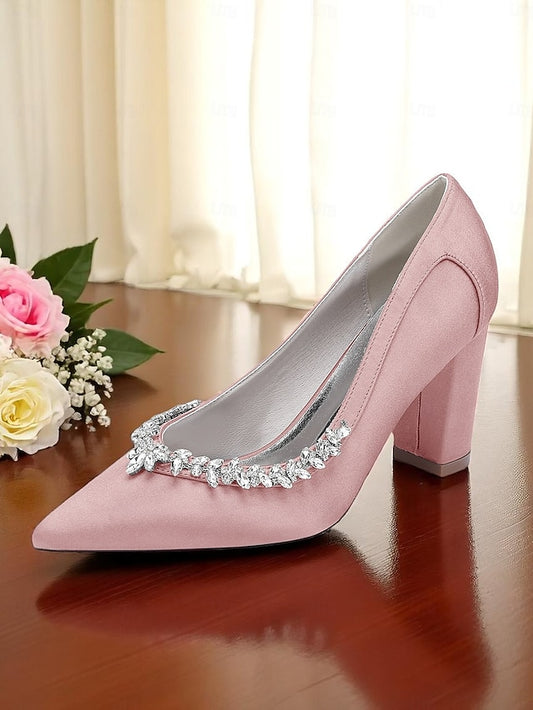 Heel Pink Pumps Women's Wedding Satin Block