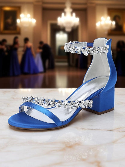 Purple Satin Crystal Sandals - Women's Heel Block